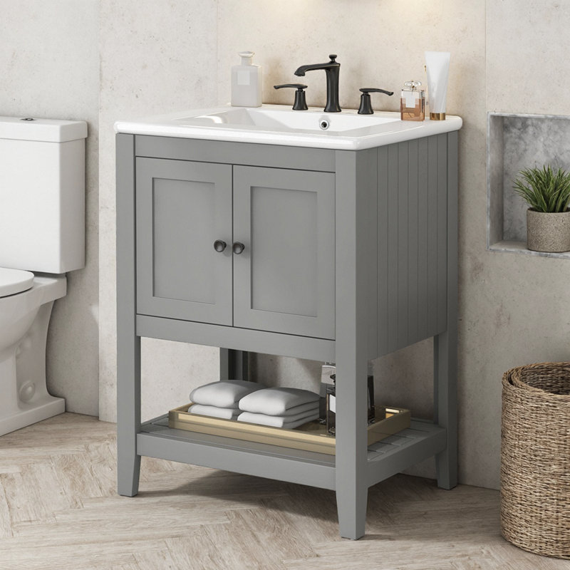 Meuble-lavabo moderne 24 po avec lavabo en céramique Semilune, Gris