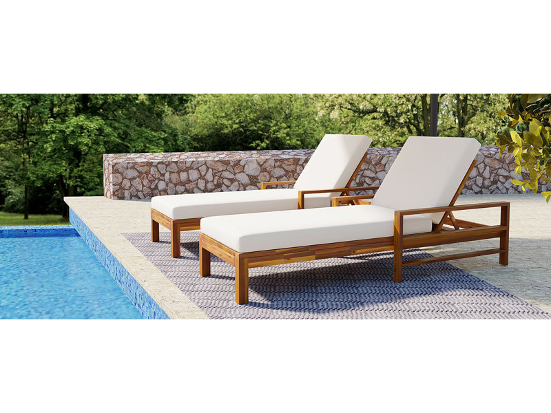 Ensemble de 2 chaises longues inclinables en bois d'acacia massif avec coussins