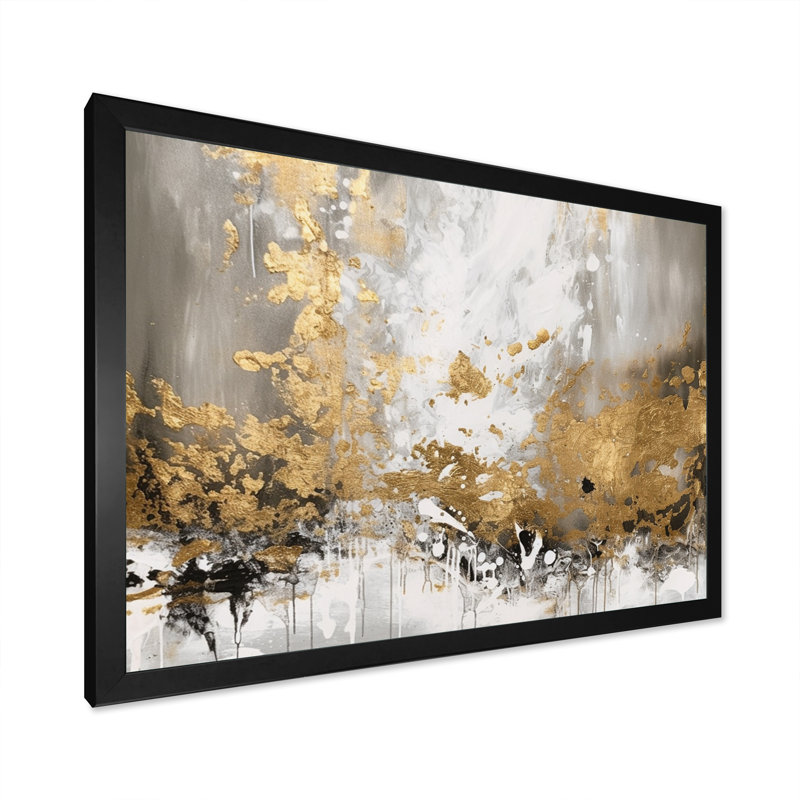 Or et blanc abstrait - art mural abstrait, Cadre simple noir, H 16 po x l 32 po x P 1 po