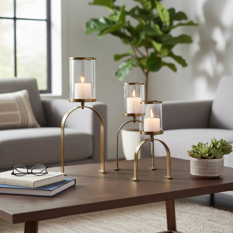 Modern Metal Pillar Candle Holder with Arched Stand Base - Decorative Tabletop Candlestick Holder for Home Decor - Set of 3, 22", 16", 10"