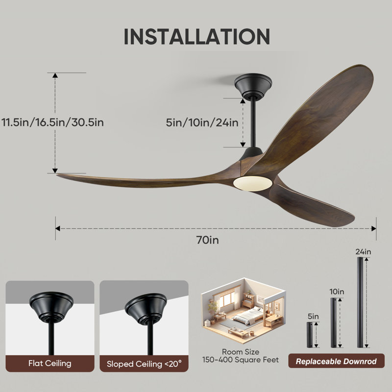 3 - Blade Modern Solid Wood Ceiling Fan With Light And Remote Control, 70", Brown Wood