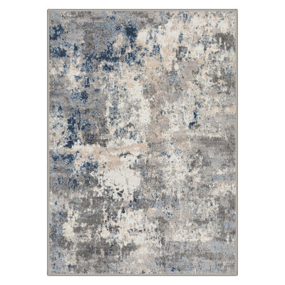 Modern Abstract Machine Washable Navy Blue/Charcoal Grey/Beige Indoor Area Rug with Non-Slip Backing