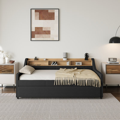 Daybed With Trundle, USB Charging Ports, Strip Lights And Storage Shelves