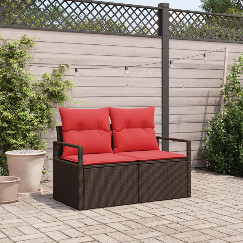  Canapé de jardin 2 places avec coussins en rotin de polyester brun, Rouge, Brun