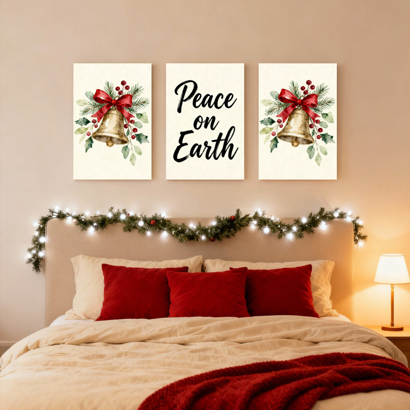 «Christmas Bell and Holly», reproduction d'art sur toile tendue à l'aquarelle, paix sur terre (ensemble de 3)