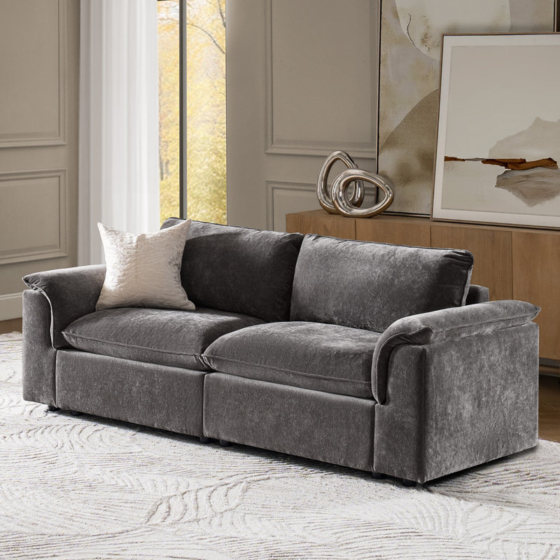 Cioffi 88"w Oversized 2 Piece Down Blend Modular Cloud Loveseat Sofa with Removable Cushion Cover, Gray