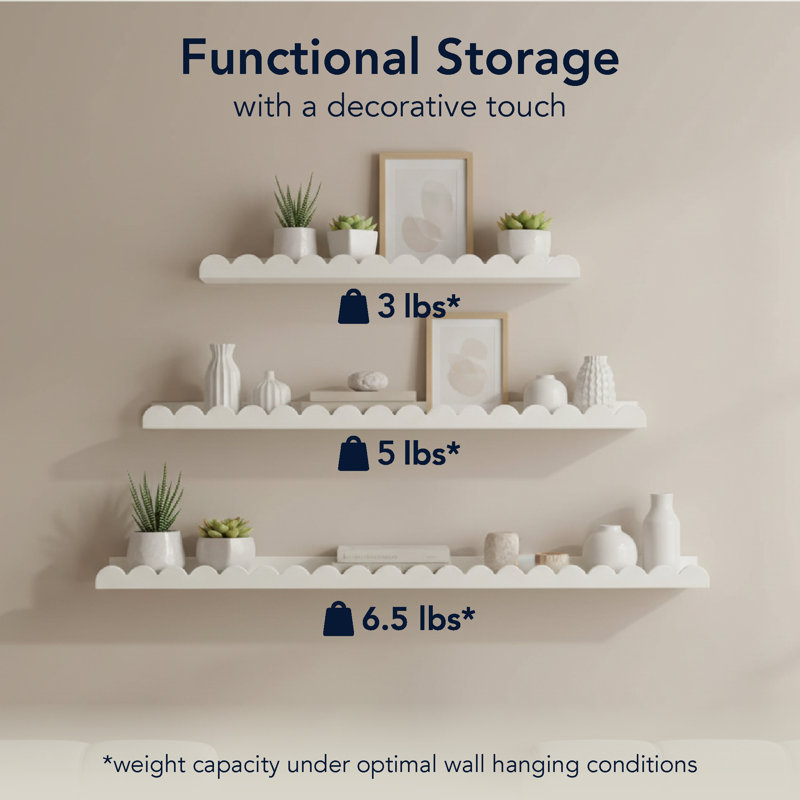  Scallop Floating Wall Shelf Set of 3, Wood Picture Ledge Shelves with Lip, Decorative Shabby Chic Wall Shelves for Nursery, Gallery, Bathroom & Living Room Decor