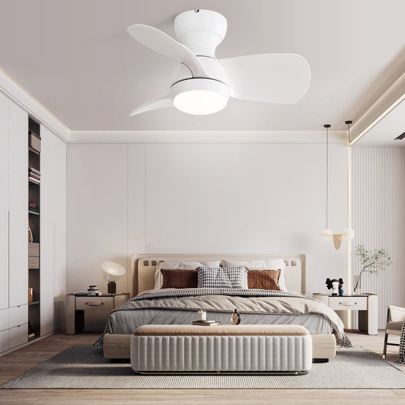 Corabelle 23" 3-Blade Modern Flush Mount Small Ceiling Fan with Remote Control and Light Kit Included, White, White