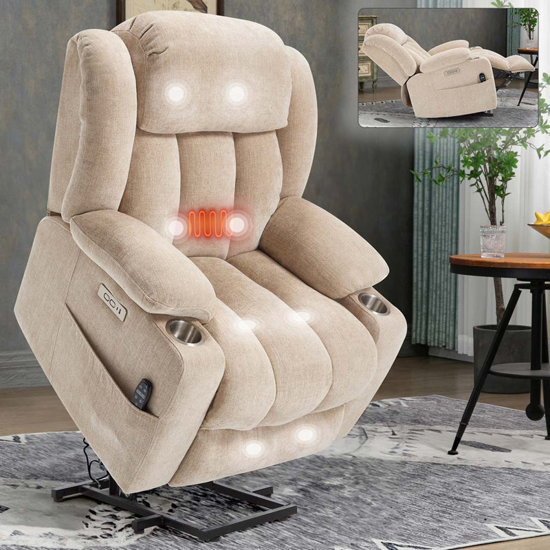 Chenille Power Lift Recliner Chair  with 8-Point Vibration Massage and Lumbar Heating, USB and Type-C Ports, Beige