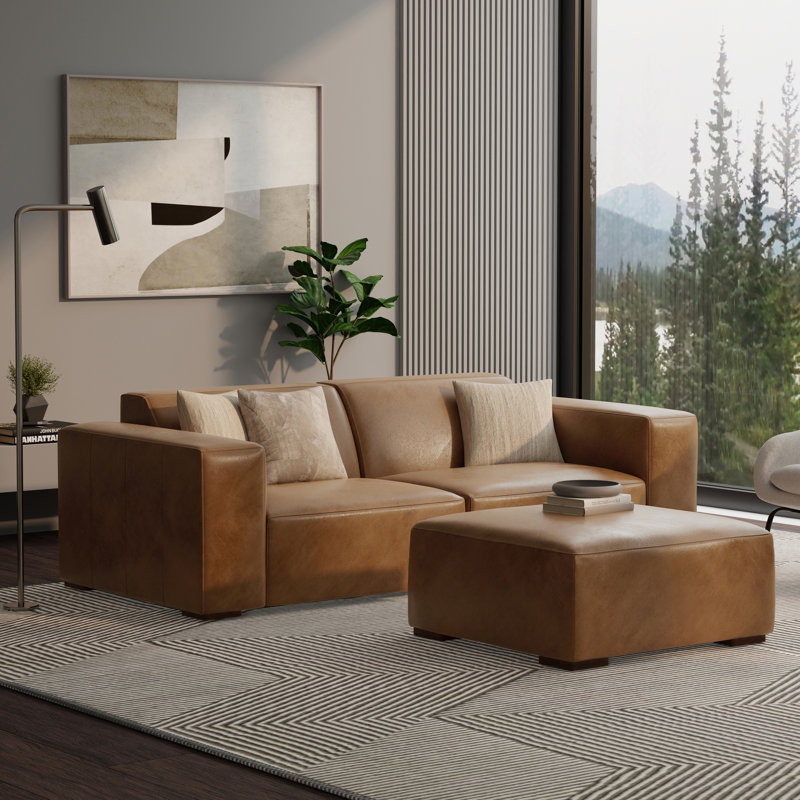 Rex Modular Sofa and Ottoman Set 88-inch-wide 2-Seater Leather Couch and Matching 34-inch-wide Table Ottoman for Living Room