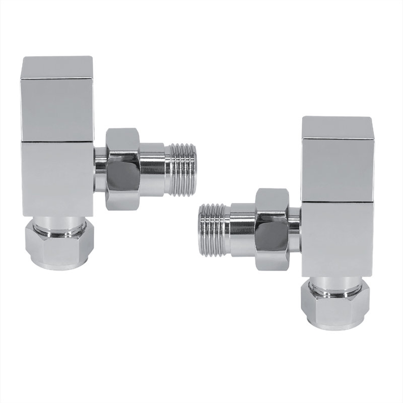 Angled Square Head Chrome Towel Rail Designer Radiator Manual Valves 1 Pair