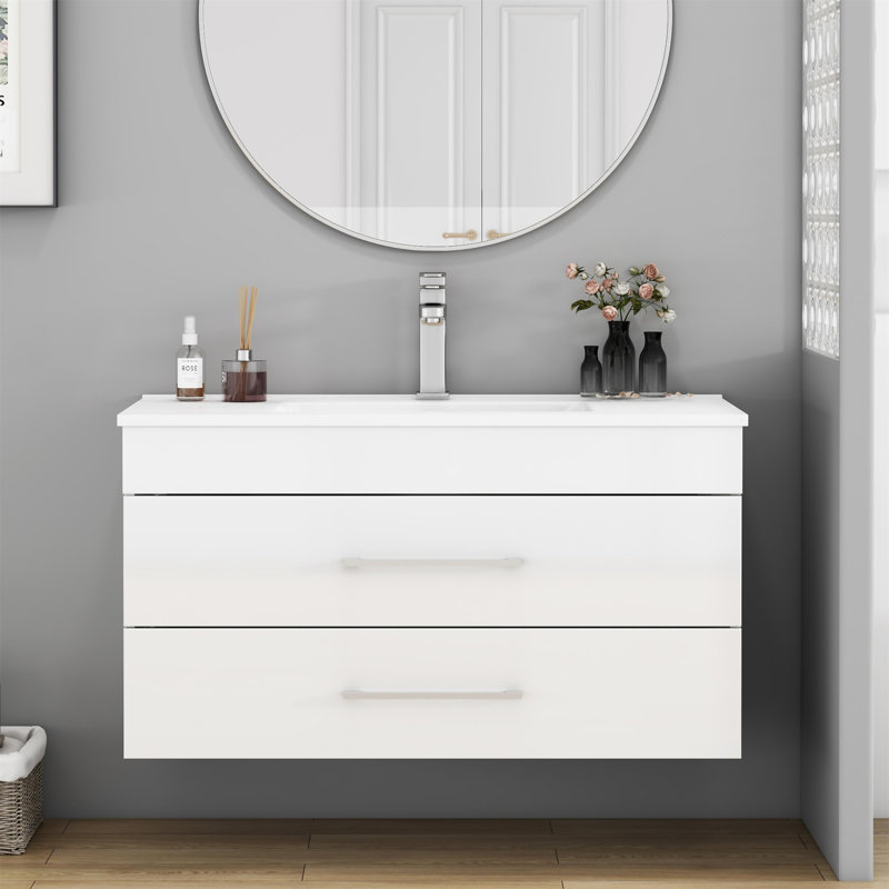 Meuble-lavabo mural blanc brillant 36 po avec tiroirs doubles 36 po