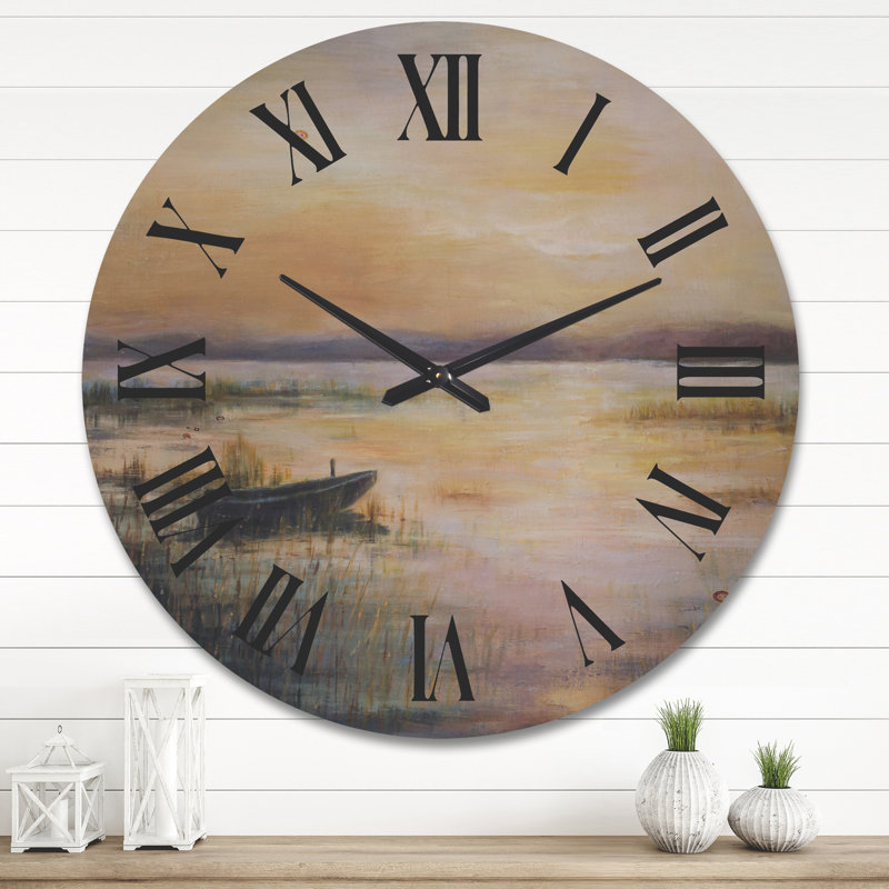 Horloge murale Pastel Sunset Over The Lake - Nautique et côtier, Grand, Wood