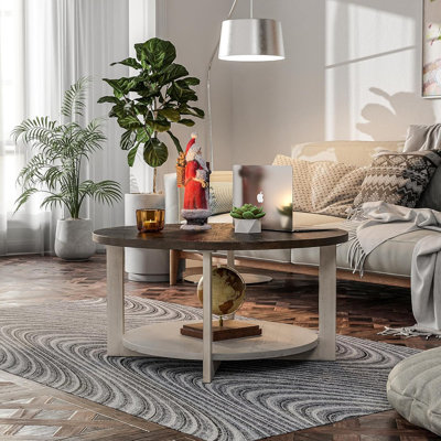 Round Wood Coffee Tables With Storage, Rustic Farmhouse Coffee Table With Distressed Wood Top, Large Circle Table For Living Room, Brown, 32Dx32wx19.5H In