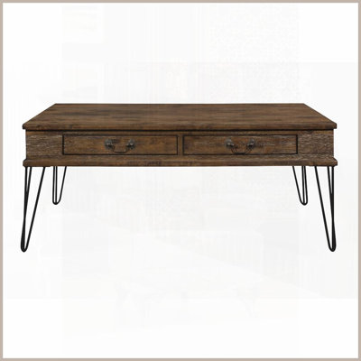 Table basse rustique en bois d'hévéa massif avec 2 tiroirs Pieds noirs en métal pour le salon