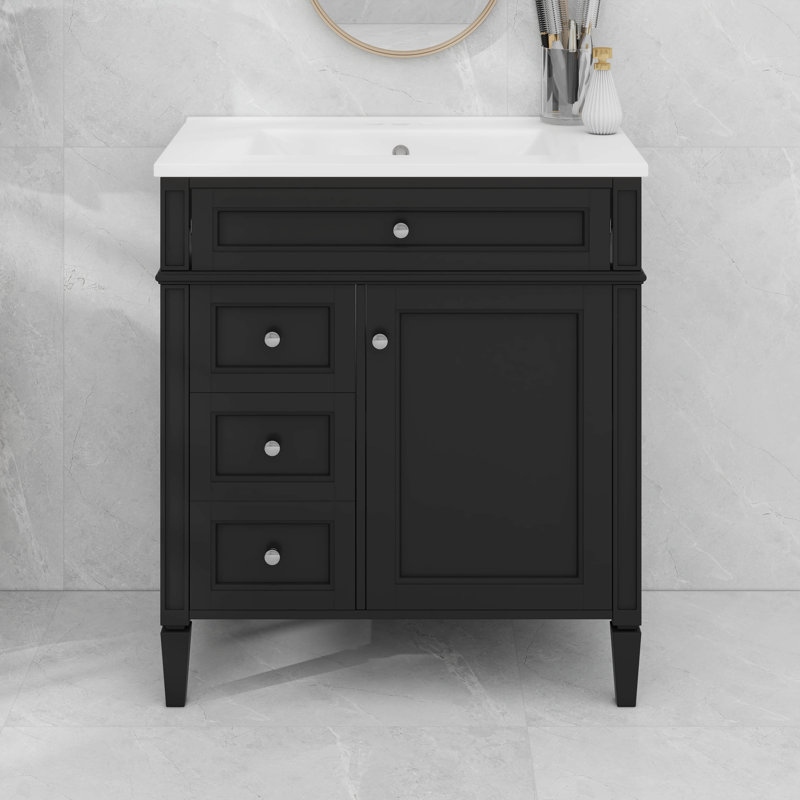 Meuble-lavabo moderne 30 po avec lavabo supérieur, 2 tiroirs et tiroir basculant, Noir, Argent argent