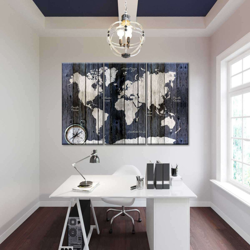 Carte du monde sur bois, carte du monde sur toile, reproduction de 3 pièces, H 38 po x l 24 po x P 1 po