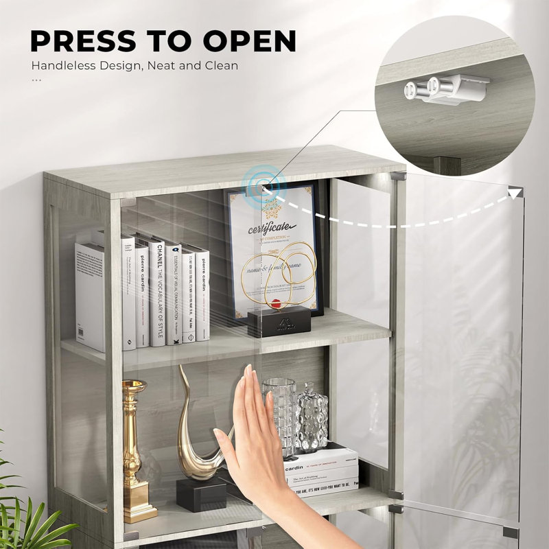 Gray 4-Tier Display Cabinet with Glass Doors and LED Lighting