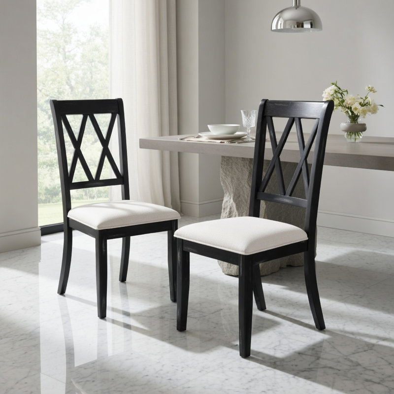  Ensemble de 2 chaises de salle à manger avec dossier courbé, pieds en bois d'hévéa, revêtement en lin, support ergonomique, pour la cuisine, la salle à manger et le restaurant, noir