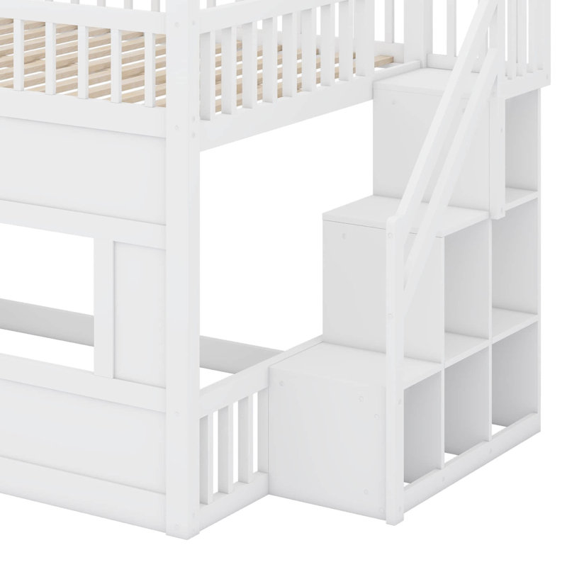 Full Size Residential Loft Bed With Built-In LED Shelf Illumination & Open Storage, Wooden Playhouse Loft Bed Complete With Roof And Window