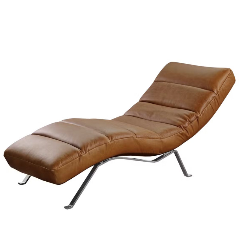 Texas Chaise Lounge in Aniline-Leather with Adjustable Backrest, Silver, Light Brown