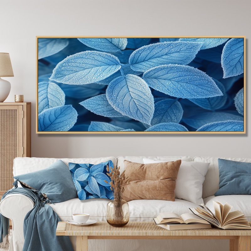 «Ifraz Frost Blue Leaves Tranquility II - LEAVES», art mural grand format, H 28 po x l 60 po, Cadre flottant, Brun