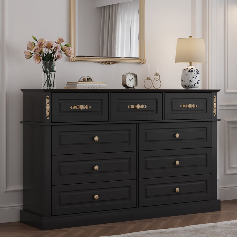 Extra Large 9 Drawers Dresser With Gold Knobs, 63" Wide Long Dresser For Bedroom, Black