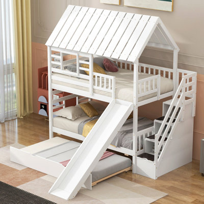 Twin Over Twin House Bunk Bed With Trundle And Slide, Storage Staircase, Roof And Window Design
