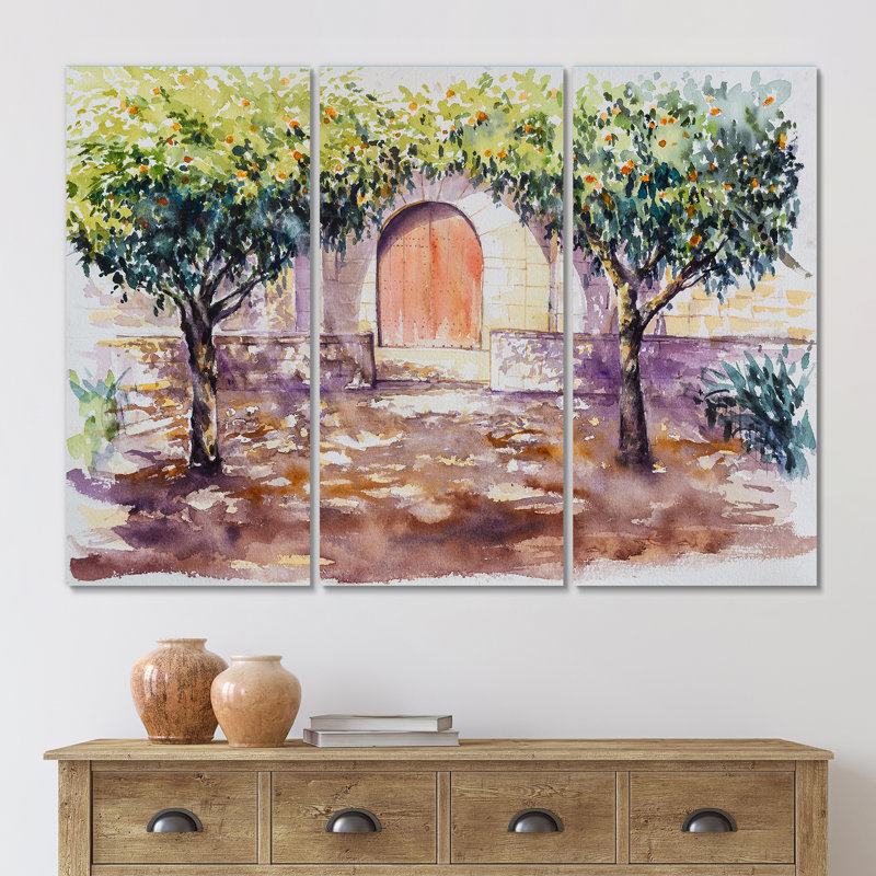 «Backyard Library In Barcelona with Orange Trees», reproduction d'art sur toile traditionnelle, H 32 po x l 48 po x P 1 po