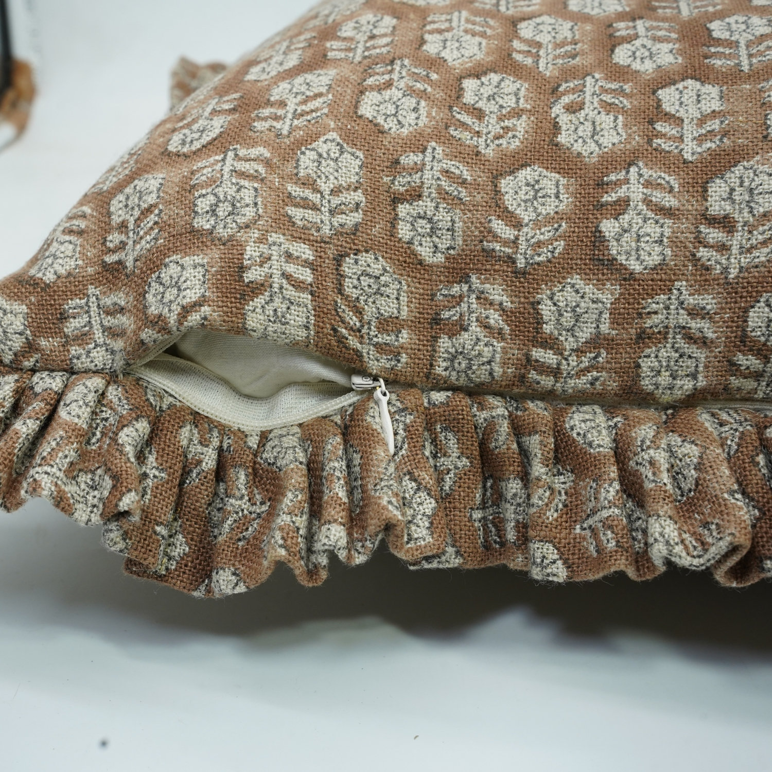 Handmade Linen Pillow Cover, Brown Floral/Block Print, 14"H x 14"W