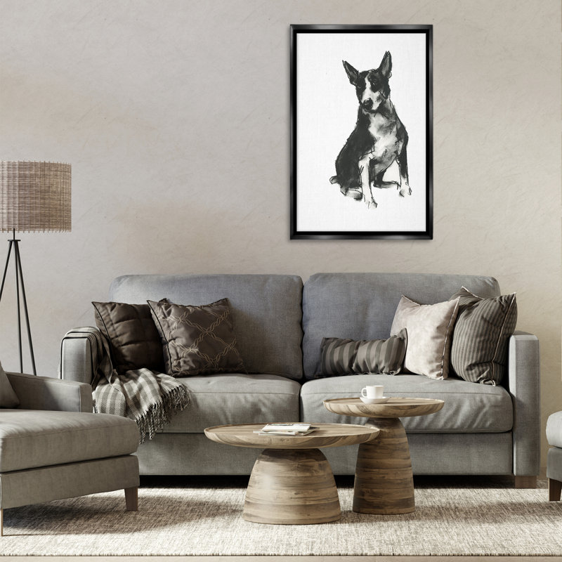 Dessin de chien gris anthracite par Cartissi, Cadre flottant gris lustré, H 31 po x l 21 po