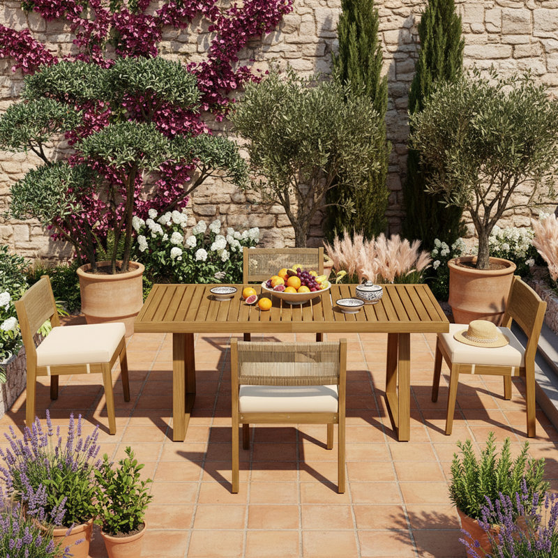 Multi-Person Outdoor Acacia Wood Dining Table And Chair Set, Thick Cushions, Suitable For Balcony, Courtyard, And Garden