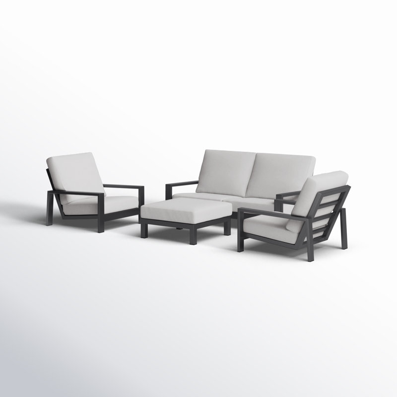 Hoyt 4-Piece Aluminum Lounge Outdoor Modern Conversation Sofa Set with Custom Cover, Silver Gray