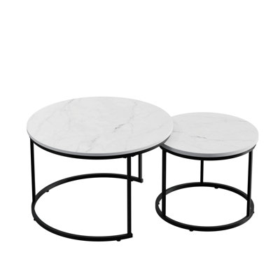 Ensemble de 2 tables basses gigognes, plateau rond en marbre et structure en métal robuste, tables d'appoint de table de bout