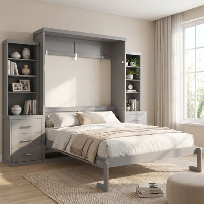 Lit escamotable double pleine grandeur, armoire murale escamotable pour chambre d'amis et chambre principale avec bibliothèques et tiroirs de rangement latéraux