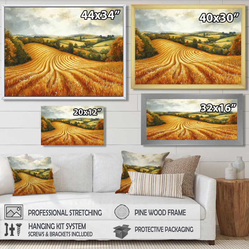 Paysage champêtre doré en automne I - Art mural campagne, Cadre simple, Noir, H 12 po x l 20 po