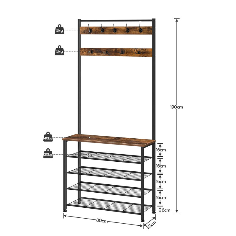 Aarran Hall Tree with Shoe Storage and 9 Hooks,Shoe and Coat Rack