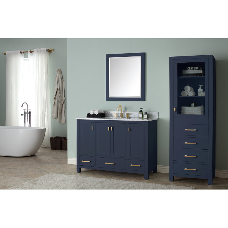 Modero 48" Single Bathroom Vanity with Top, Navy Blue, Carrera White Marble, Gold