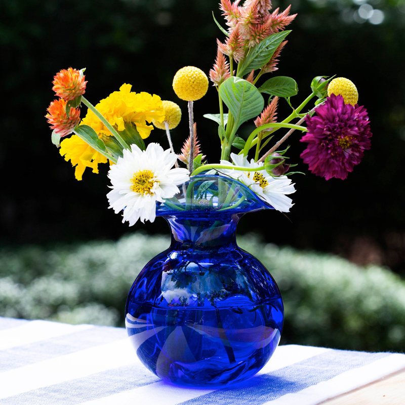 Hibiscus Handmade Glass Table Vase, 5.5" H x 5" W x 5" D, Cobalt