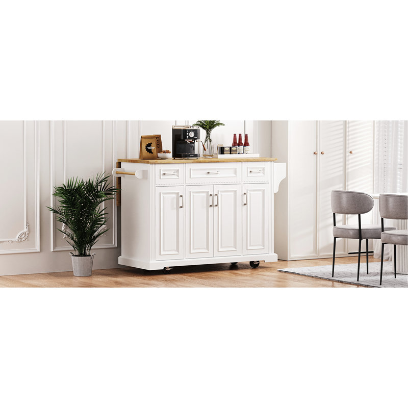 Grand îlot de cuisine avec texture, abattant, 4 portes, 3 tiroirs, chariot de rangement roulant, chariot blanc de 54 pouces pour et salle à manger,