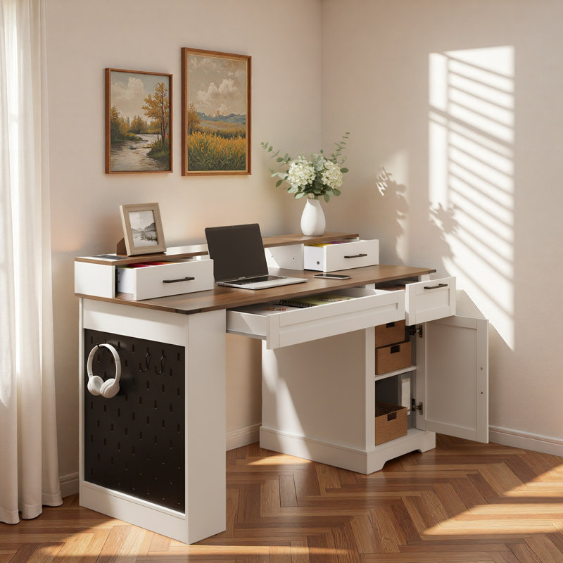 Farmhouse Office Desk With Storage Cabinet, Charging Station, Barn Door Design, Keyboard Tray, Monitor Stand And Pegboard