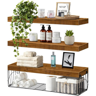 Ensemble de 3 tablettes de salle de bain de 24 po de long au-dessus de la toilette fixées au mur en bois rustique flottant brun