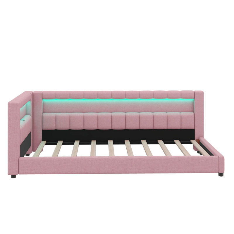Twin XL Size Upholstered Daybed With Built-In Storage, L-Shaped Structure With LED Strip And USB Connectors, Linen Fabric Bed Frame