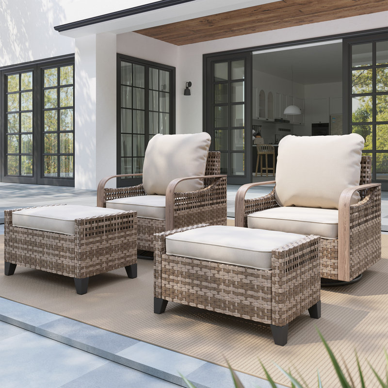 4-Piece Outdoor Patio Conversation Set, 2 Patio Armchairs with Ottomans, Steel Frame with Wood-Grain Heat Transfer, Olefin Cushions for Patio, Porch, Deck & Poolside