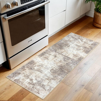 Abstract Runner Rug 2X5 Ft Washable Runners For Hallways, Non Slip Kitchen Runner Printed Faux Wool Entryway Runner Indoor, Modern Abstract Floor Carpet For Hall Kitchen Bedroom, Beige Brown