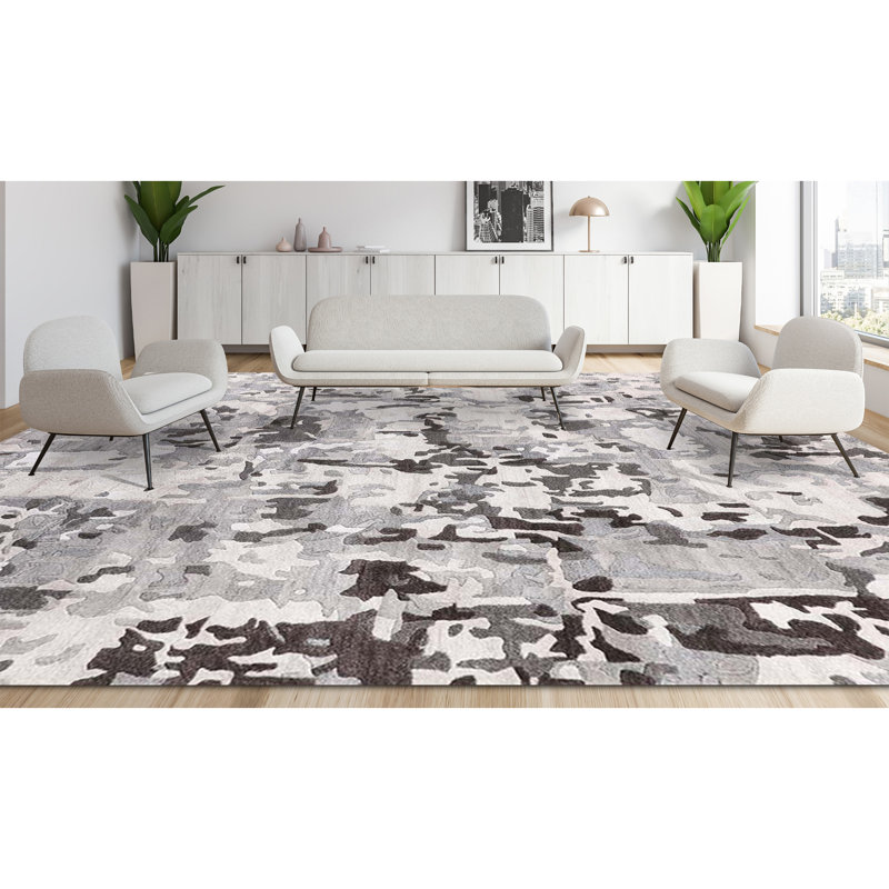 Tapis noué à la main en gris / blanc / noir, Rectangle 9 pi x 12 pi