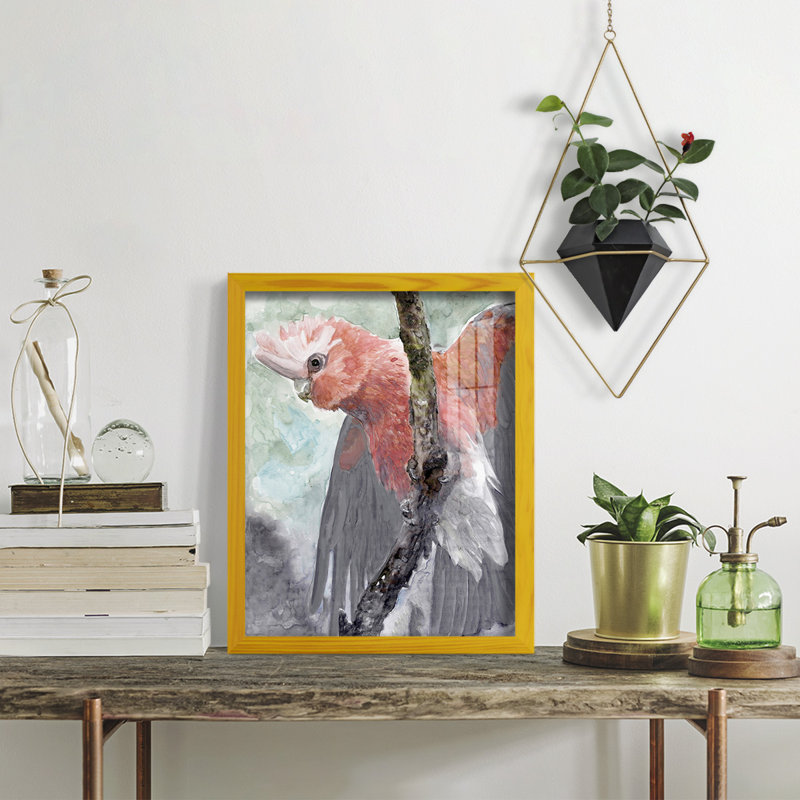 Tropic Parrot II encadré sur papier, H 15 po x l 12 po x P 1 po, Cadre jaune