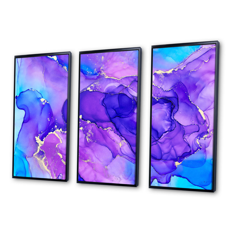 Bleu et mauve, luxe, art abstrait fluide - ensemble d'art moderne sur toile encadrée moderne de 3, L 36 po x H 20 po x P 1 po