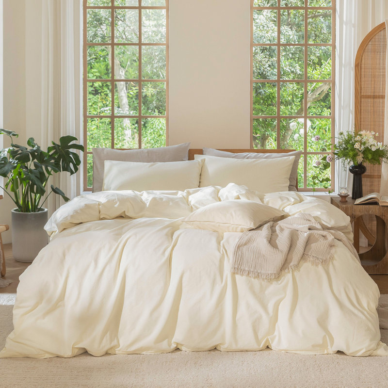 Ensemble de housse de couette légère avec fermeture à glissière 8 attaches 100% coton lavé MooMee, Blanc, crème