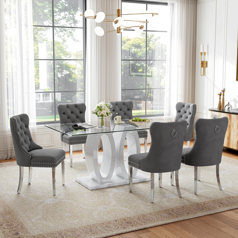 63" Rectangular Glass Dining Table Set, Clear Tempered Glass Top, Double O-Shaped Base, Velvet Upholstered Chairs with Stainless Steel Frames